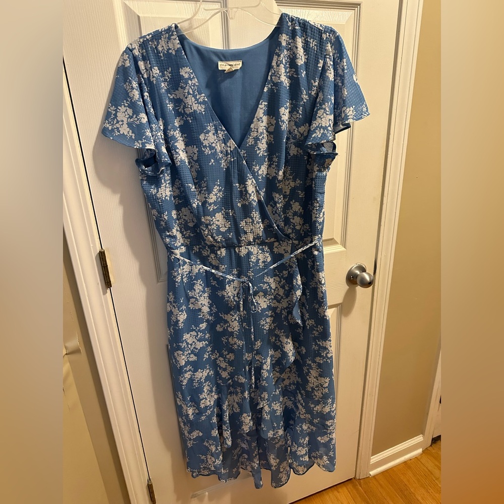 Blue and White Flutter Sleeve Wrap Dress